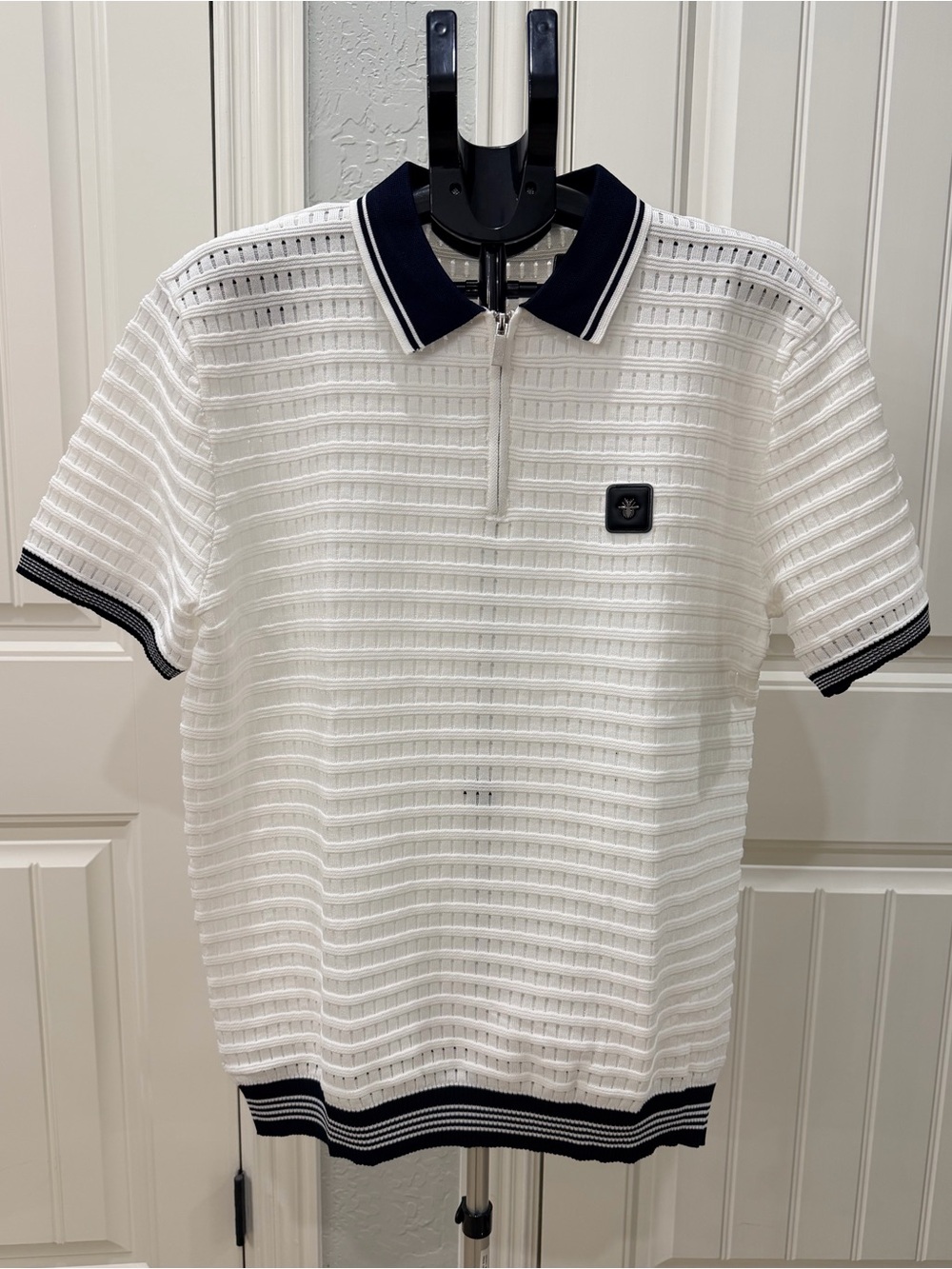 Dior White Knit Polo with Navy Collar and Trim